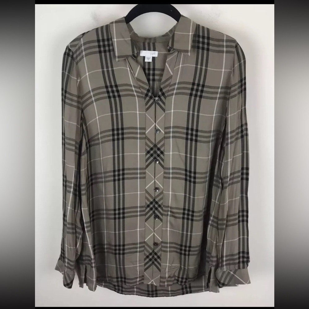 J. Jill Womens Shirt XS Brown Black Plaid Long Sleeve Button Up Rayon